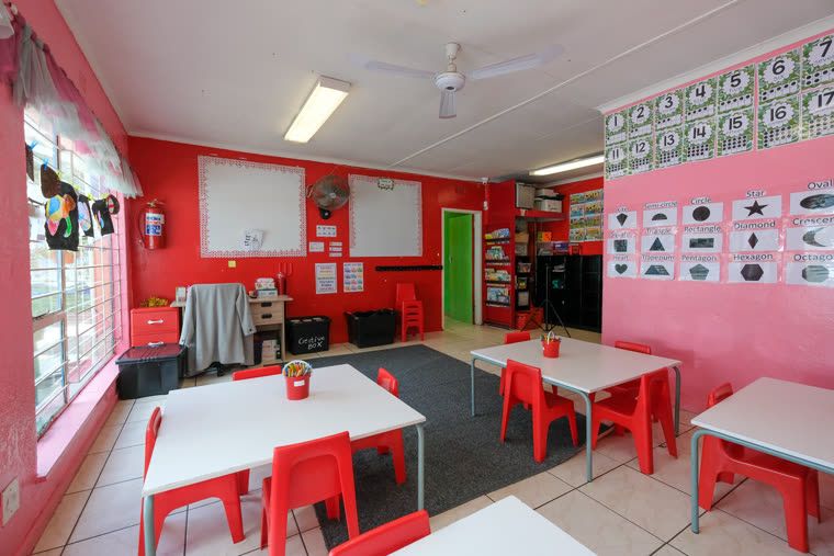 Red Class: red and pink walls, red tables and chairs, and alphabet charts