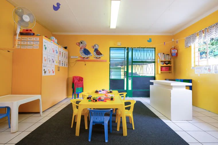 Yellow Class: yellow walls, small tables set for activities, and charts around the room